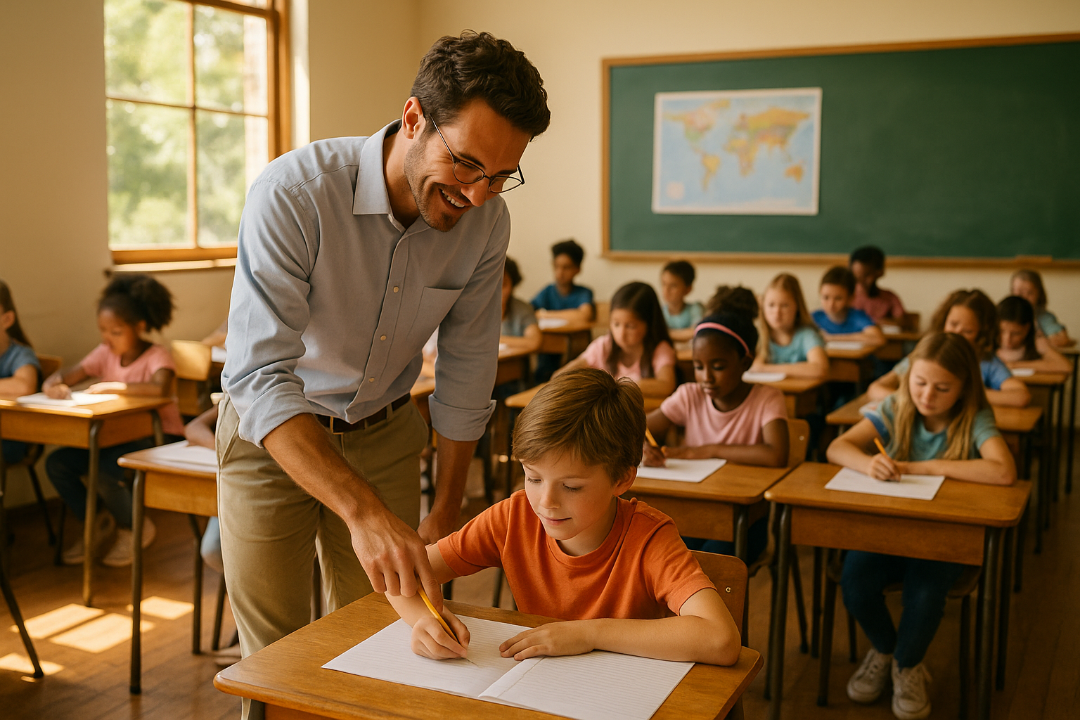Teacher using the story creation tool with students gathered around